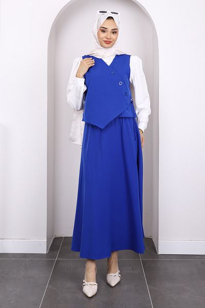 İmajButik Saks Μπλε πουκάμισο Γιλέκο Φούστα 3 τεμαχίων Συνδυασμός Κοστούμι