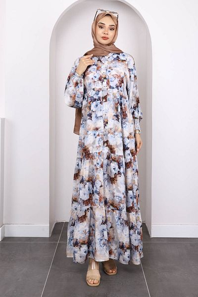 İmajButik Μπλε φόρεμα με μισό κουμπί με μοτίβο