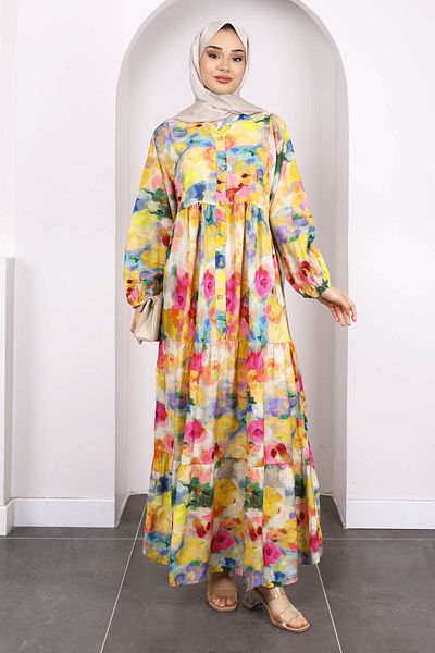 İmajButik Pink Half Button Skirt Layered Patterned Dress
