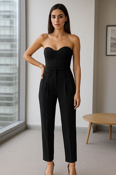 Ceylen High Waist Belt Detailed Black Fabric Trousers