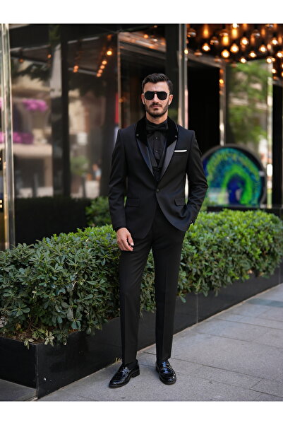 LONATOLİA Erkek İtalyan Stil Slim Fit Şal Taşlı Yaka Smokin Damatlık Ceket Yelek Pantolon Papyon-Siyah
