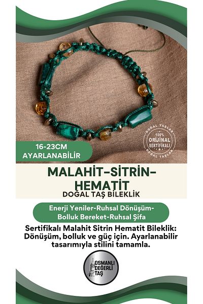 OSMANLI DEĞERLİ TAŞ Certified Malahite Citrine Hematite Natural Stone Adjustable Bracelet