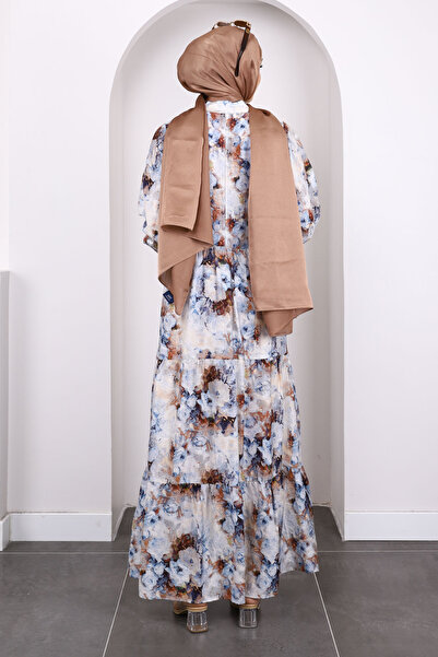 İmajButik Μπλε φόρεμα με μισό κουμπί με μοτίβο