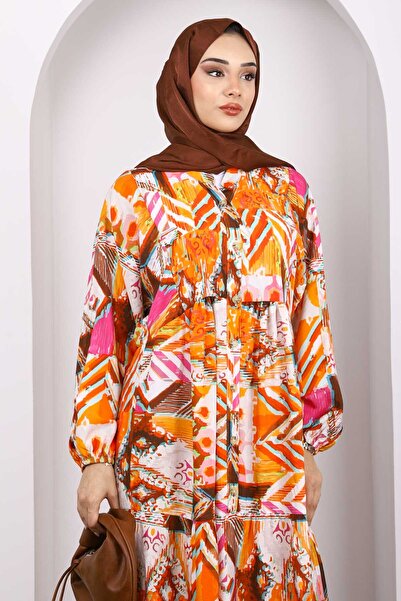 İmajButik Orange Half Button Skirt Layered Patterned Dress