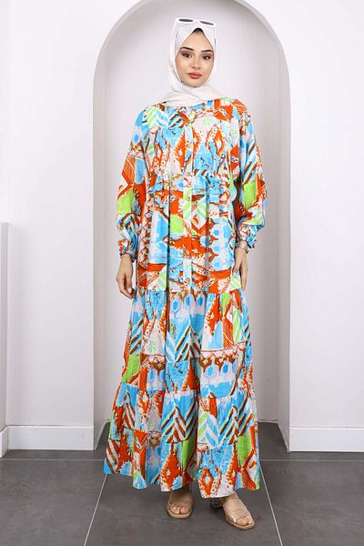 İmajButik Μπλε φόρεμα με μισό κουμπί με μοτίβο