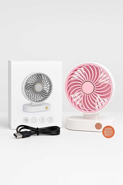 YK Design 2 Kademeli Mini Masaüstü Fan – Sessiz, USB Şarjlı, 4 Pervaneli, Pembe