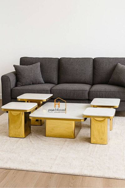 Al Saada Home طقم طاولات خدمة رخامية ١+٦ - ذهبي