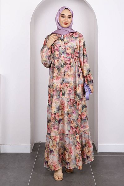 İmajButik Φόρεμα Dusty Rose με μισό κουμπί με μοτίβο