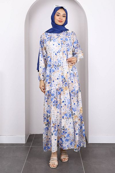 İmajButik Rochie Saks albastră cu jumătate de nasturi cu model stratificat