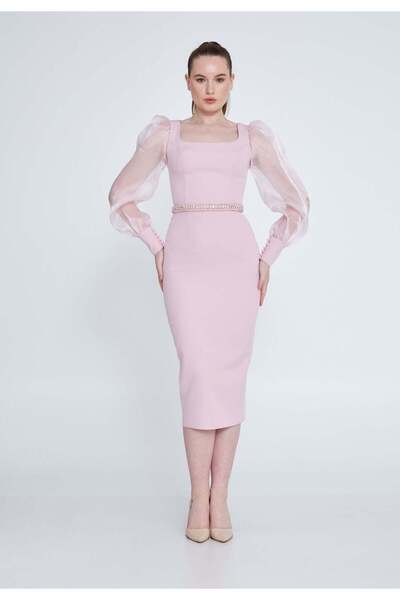 Elbisemhazır Taş Kemer Detaylı Transparan Kollu Kadın Midi Abiye Elbise