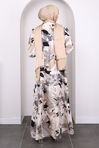 İmajButik Beige Patterned Half Button Dress