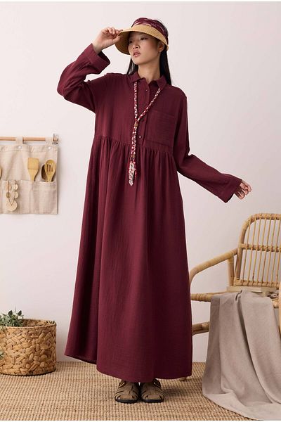 HEQA Muslin Gathered Waist Dress Burgundy
