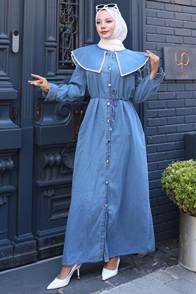 hafsamina Collar Detailed Buttoned Length Jeans Dress Hm2772 Light Blue