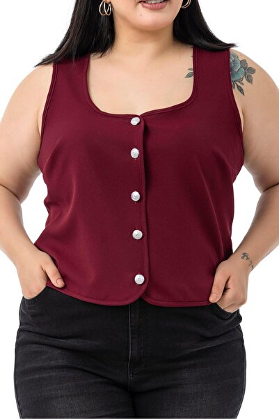 DISENTIS MODEST Plus Size Button Detailed Burgundy Blouse Vest