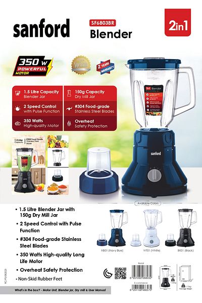 Sanford Sanford 2-in-1 Blender Grinder, 1.5L, 350W, 2 Speeds, Pulse, SF6803BR, White