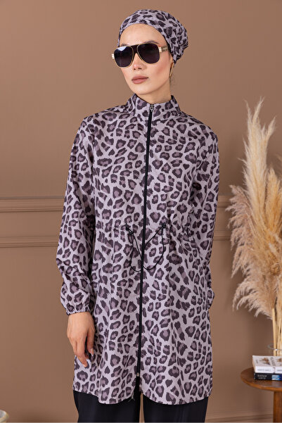 Vivezza Leopard Patterned Bonnet and Bag Gift Shawl Patterned Zippered Hijab Swimsuit