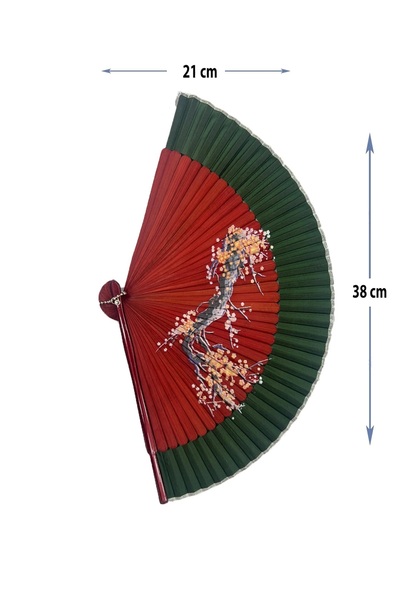 pivok El Yapımı Bambu Yelpaze – Bordo-Yeşil Çiçek Desenli Katlanabilir Yelpaze