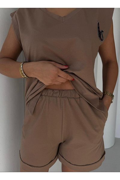 EGZOTİK ASORTİK Combed Cotton Stone Detailed Tshirt Shorts Set