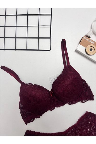 cacobutik Push up Support Lace Underwear Set Burgundy