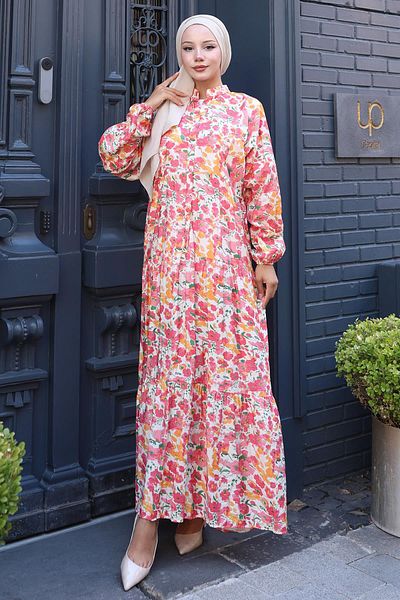 hafsamina Floral Printed Modal Dress Pink Hm2794