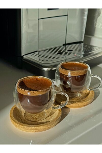 YAKUT Kahve fincan takımı 2 kişilik çift çidarlı bambu altlıklı