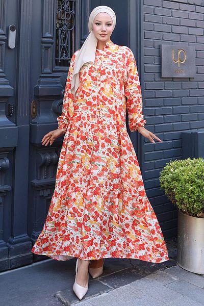 hafsamina Floral Printed Modal Dress Orange Hm2794