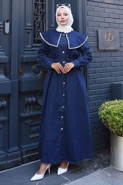hafsamina Collar Detailed Buttoned Denim Dress Hm2772 Dark Blue