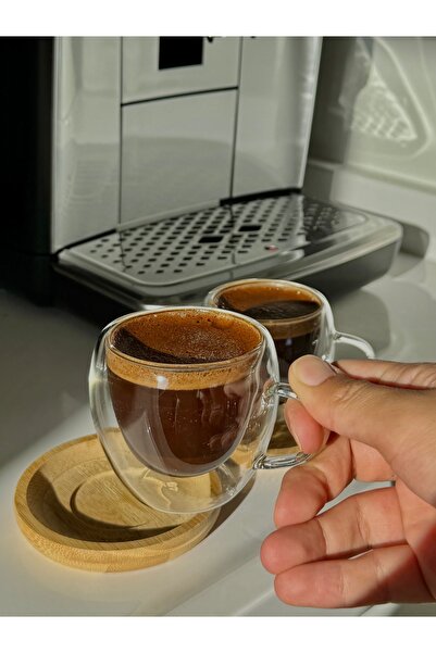 YAKUT Kahve fincan takımı 2 kişilik çift çidarlı bambu altlıklı