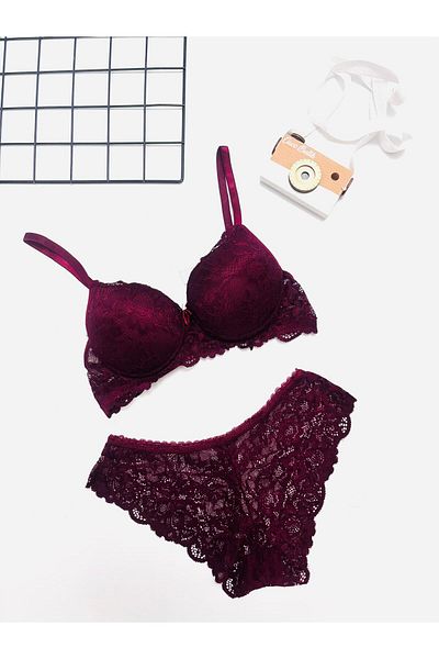 cacobutik Push up Support Lace Underwear Set Burgundy