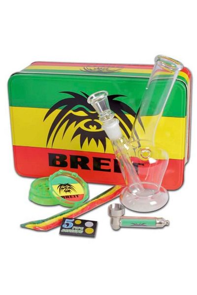 OEM Set Bong Breit Rasta + Pipa + Grinder + Site + Perii in Cutie metallica 18cm