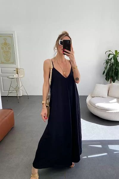 MOLLYMORE Women's Black Aerobin Fabric Long Black Dress with Adjustable Strap