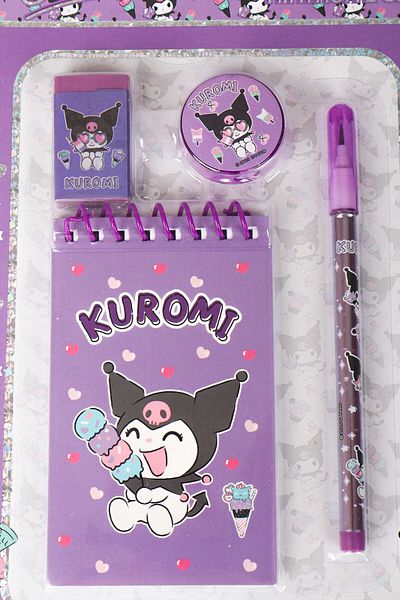 kuromi "Dekomus Wet Wipes with Gift" Licensed 4-Piece Stationery Set Notebook, Click-On Lead Kale