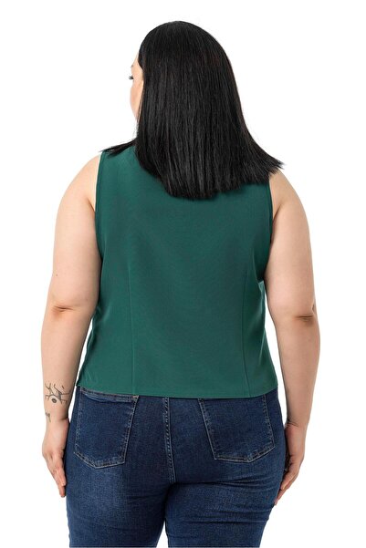 DISENTIS MODEST Plus Size Button Detailed Emerald Green Blouse Vest