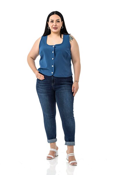 DISENTIS MODEST Plus Size Button Detailed Indigo Blouse Vest