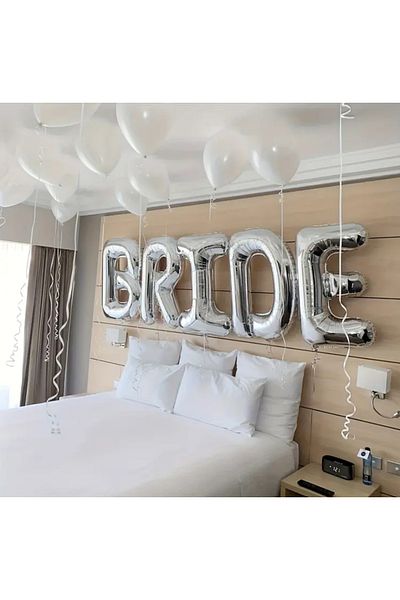 Çemrek Süs Parti Silver Bride Foil Balloon 1 Meter 100cm and 10Pcs 12Inch White Balloon