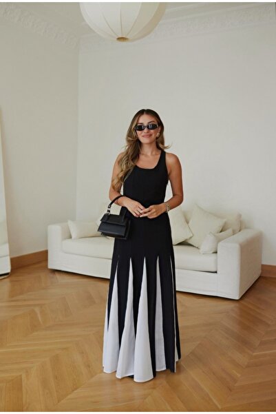 BRTC design Kadın Siyah Premium Patchwork Renk Bloklu Keten Elbise