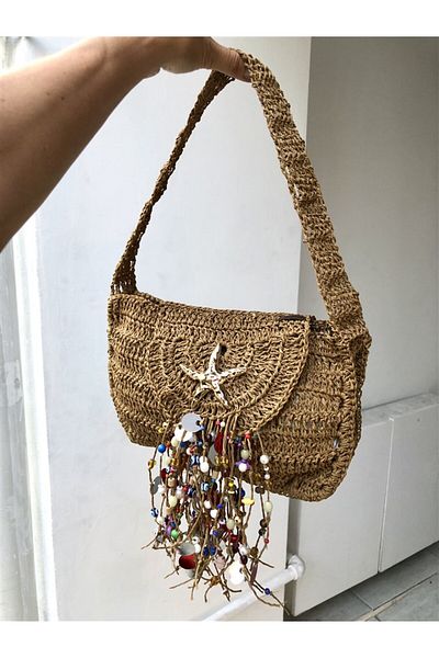 Gözde Tasarım Butik Women's Handmade Tassel Sea Star and Beaded Motifed Wicker Knitted Wicker Shoulder Bag