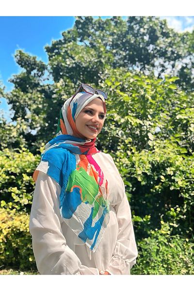 Modakaşmir Palette Pattern Bamboo Scarf - White - Blue