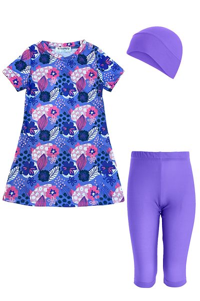 ROZAMAY Girls Short Sleeve Lycra Semi-Covered Swimsuit with Tights 3904 Lilac