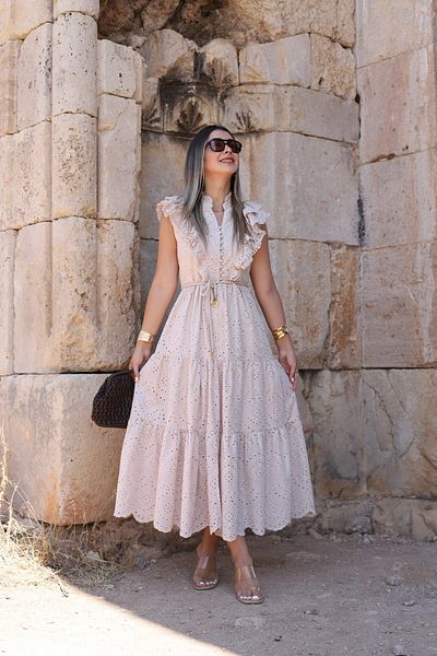 bytugcekaya Μπεζ μπεζ μπροστινό βολάν Φόρεμα με μηδενικό μανίκι
