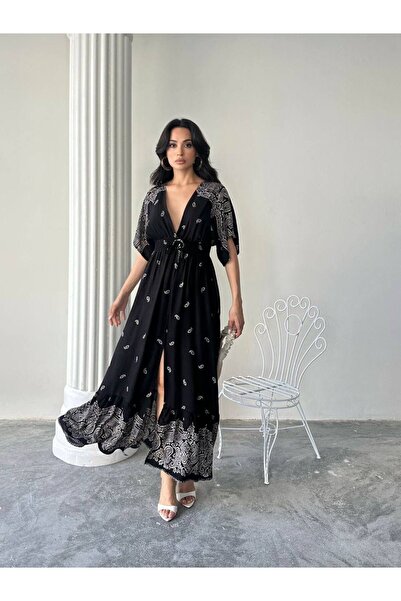 SHCENİ Siyah Etnik Desenli Yırtmaç Detaylı Kuşaklı V Yaka Elbise