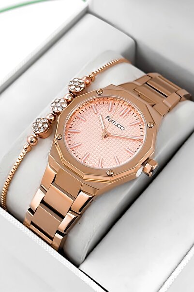 Ferrucci ساعة يد نسائية بسوار فولاذي وعلبة فولاذية، مقاومة للماء حتى 3 ATM، وردي zmfer193