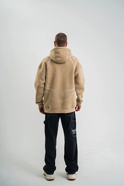 Flexium Double Oversize Hooded Lightning Panel Printed Sweatshirt - Beige