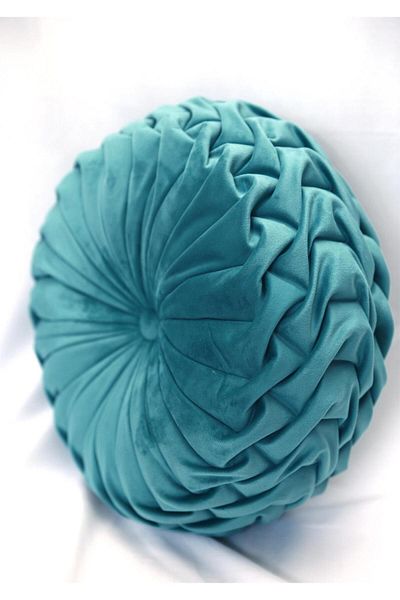 OEM Round Puffet Decorative Pillow in Turquoise Velvet, Hand-Sewn, 38 cm diameter