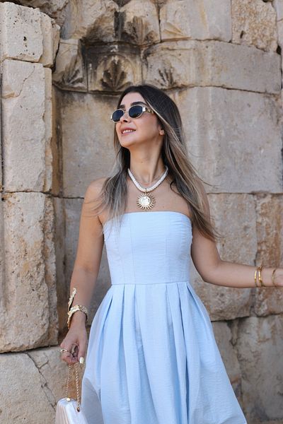 bytugcekaya Baby Blue Strapless Pleated Dress