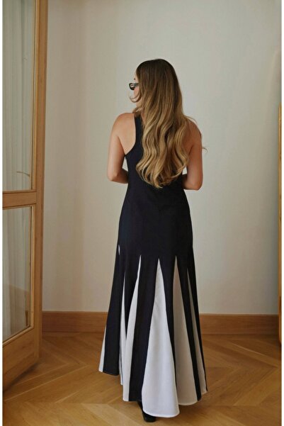 BRTC design Kadın Siyah Premium Patchwork Renk Bloklu Keten Elbise