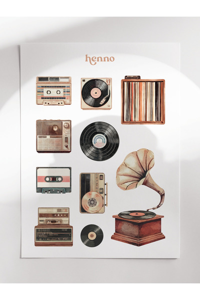 Henno Vintage Retro Müzik Aletleri Sticker Seti (1 adet A6) | Ajanda, Defter,...