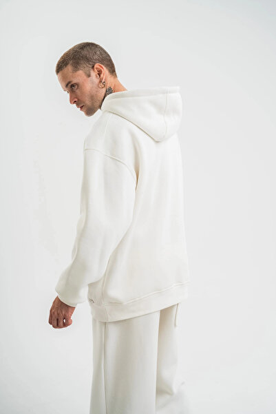 Butik Unisex Double Oversize Kapşonlu Basic Sweatshirt - Λευκό