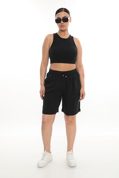 EXİTLİNE Women's Summer Lace-Up Elastic Black Bermuda Shorts Capri
