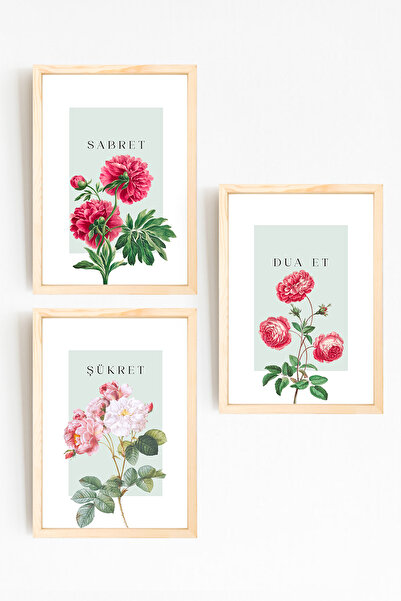 acargrafik Sabret Şükret Dua Et Tasarımlı Dekoratif Ahşap 3 Parça Tablo Seti